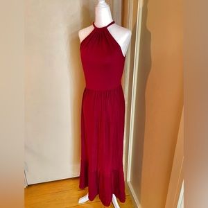 Caslon maxi dress deep cranberry red halter, boho summer beach festival S 50”